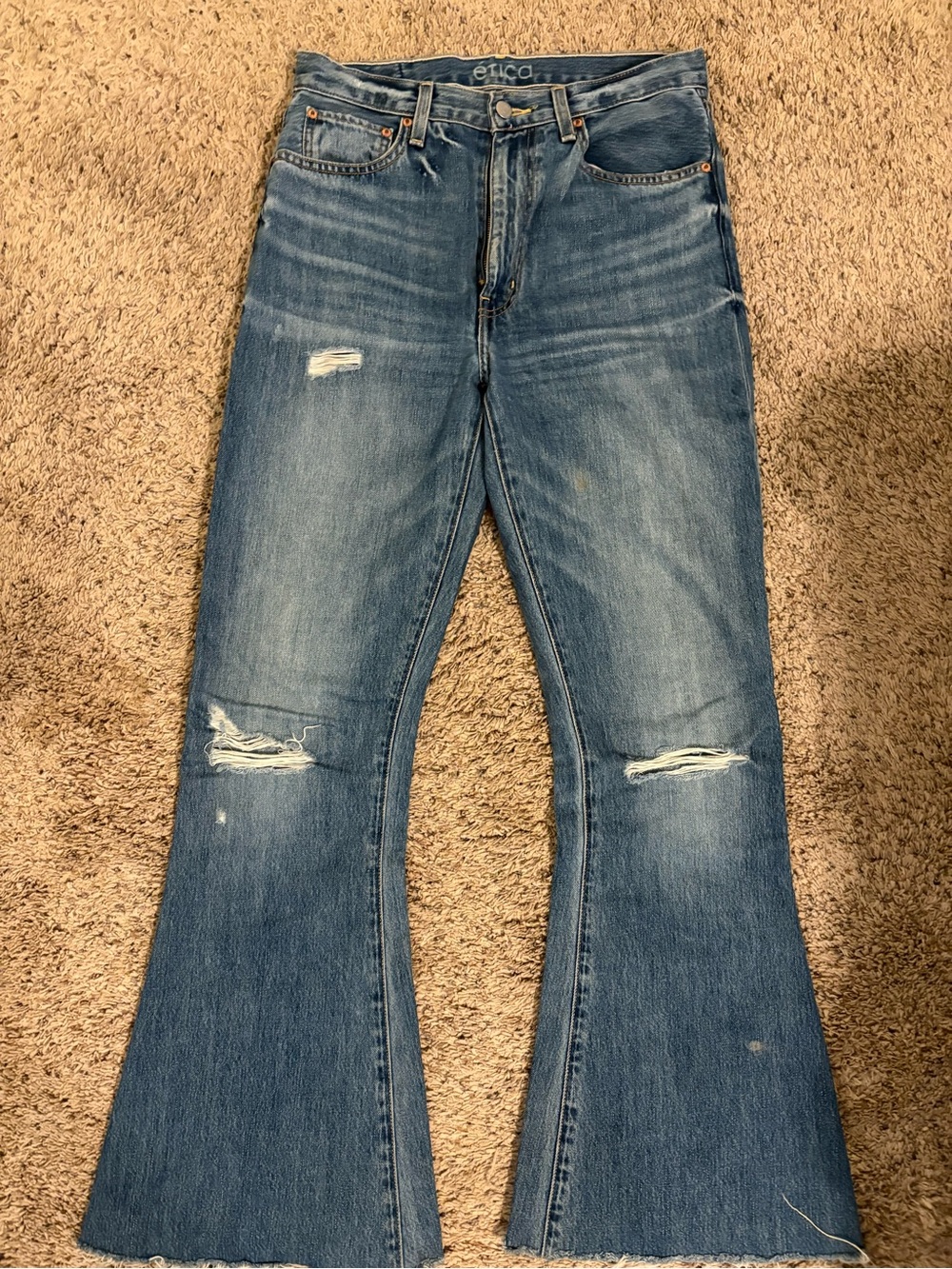 Etica Medium Blue Distressed Flare Jeans